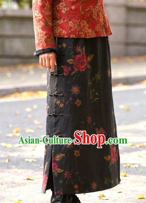 China National Woman Printing Rose Skirt Traditional Tang Suit Black Silk Bust Skirt Costume