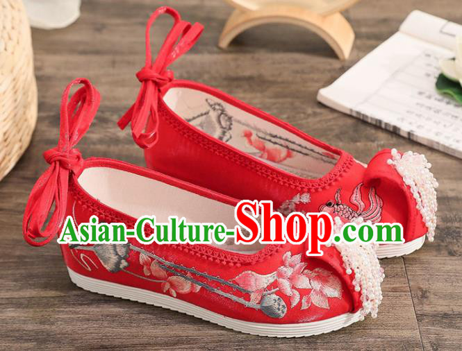 China National Wedding Red Cloth Pearls Tassel Shoes Traditional Embroidered Lotus Fish Shoes Handmade Folk Dance Shoes