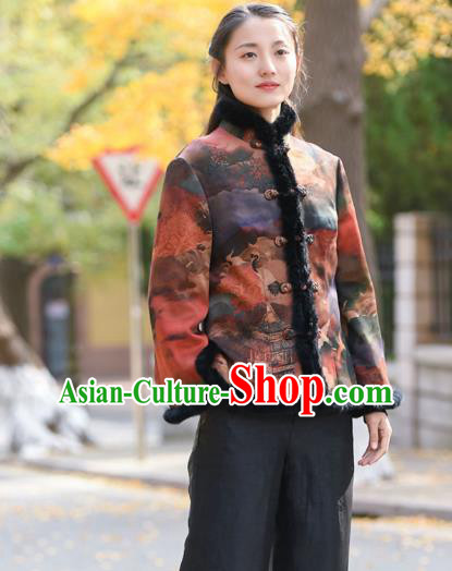 China Tang Suit Printing Overcoat Traditional Cotton Wadded Jacket National Woman Outer Garment Clothing