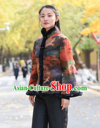 China Tang Suit Printing Overcoat Traditional Cotton Wadded Jacket National Woman Outer Garment Clothing