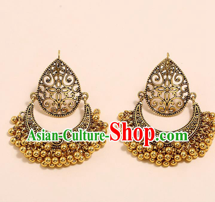 India Bollywood Folk Dance Ear Accessories Asian Indian Stage Performance Golden Bells Earrings