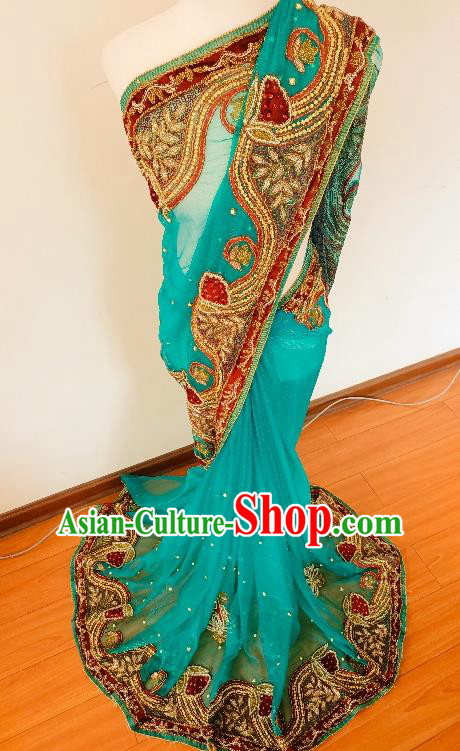 Asian India Embroidered Blue Sari Dress Indian Traditional Female Stage Performance Costume