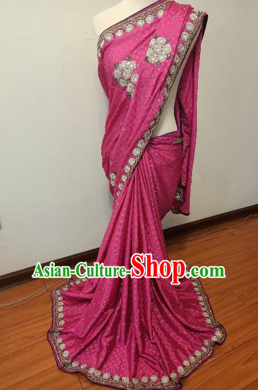 Asian India Folk Dance Embroidery Rosy Sari Dress Indian Traditional Wedding Costume