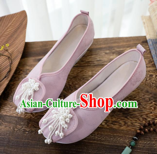 China National Pearls Tassel Shoes Traditional Jacquard Pink Cloth Shoes Handmade Folk Dance Shoes