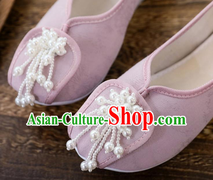 China National Pearls Tassel Shoes Traditional Jacquard Pink Cloth Shoes Handmade Folk Dance Shoes