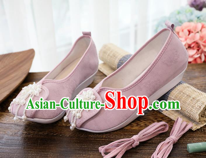 China National Pearls Tassel Shoes Traditional Jacquard Pink Cloth Shoes Handmade Folk Dance Shoes
