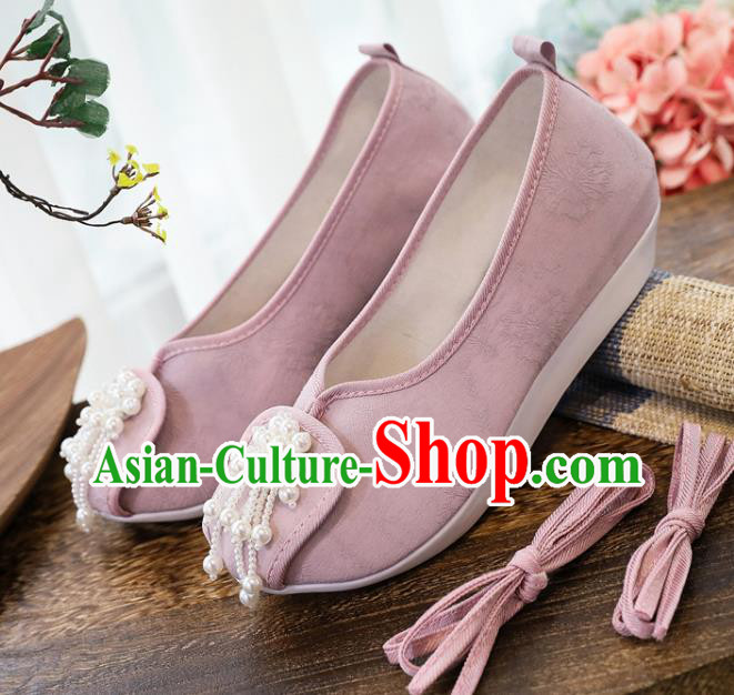 China National Pearls Tassel Shoes Traditional Jacquard Pink Cloth Shoes Handmade Folk Dance Shoes