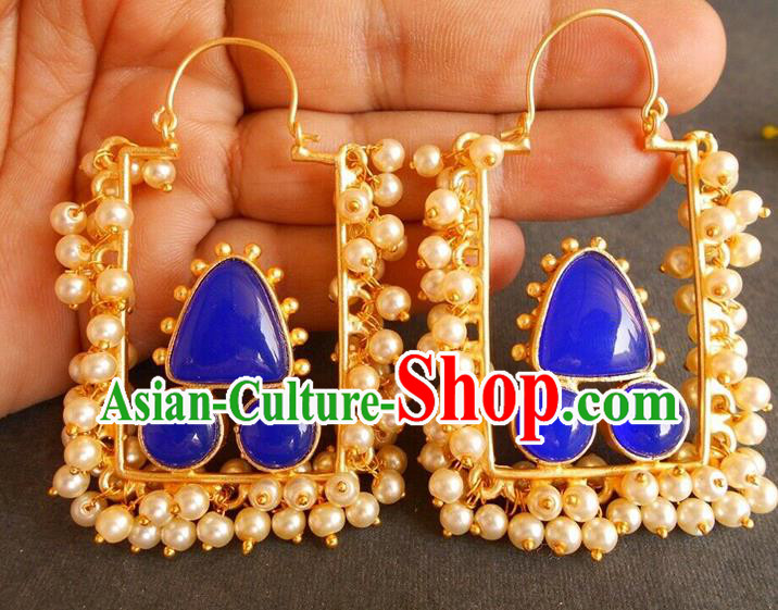 Asian Indian Stage Performance Blue Earrings India Folk Dance Pearls Ear Accessories