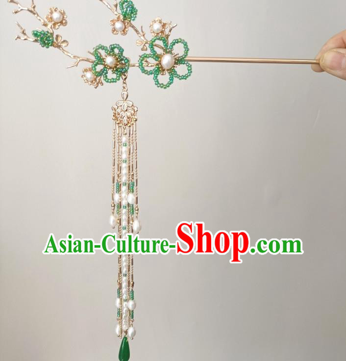 China Traditional Hanfu Hair Accessories Ancient Princess Green Beads Plum Tassel Hairpin