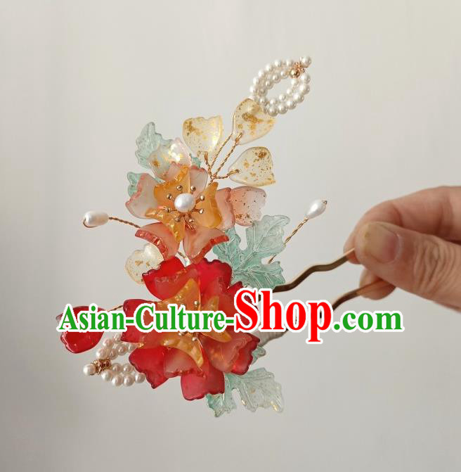 China Ancient Princess Red Flower Hairpin Traditional Song Dynasty Pearls Hair Stick