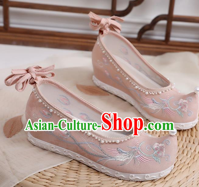 China Embroidered Phoenix Peony Shoes Handmade National Pink Cloth Shoes Traditional Pearls Hanfu Shoes