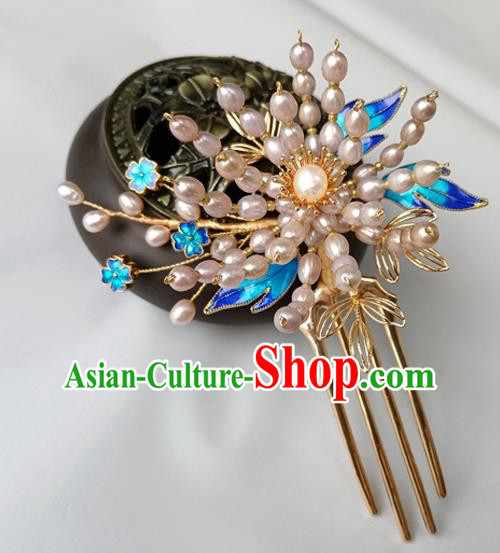 China Ancient Court Lady Pearls Hairpin Traditional Ming Dynasty Cloisonne Hair Stick