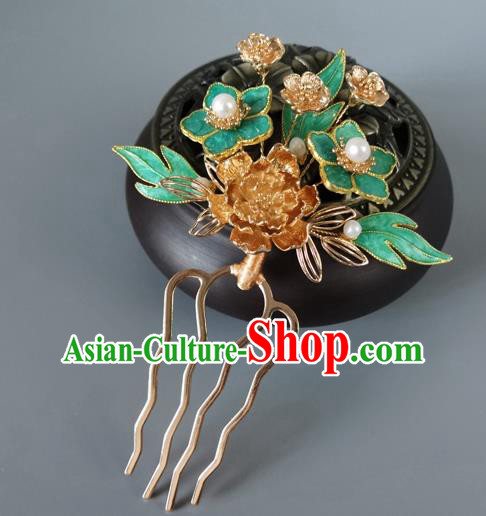 China Ancient Princess Green Plum Hairpin Traditional Ming Dynasty Golden Peony Hair Comb