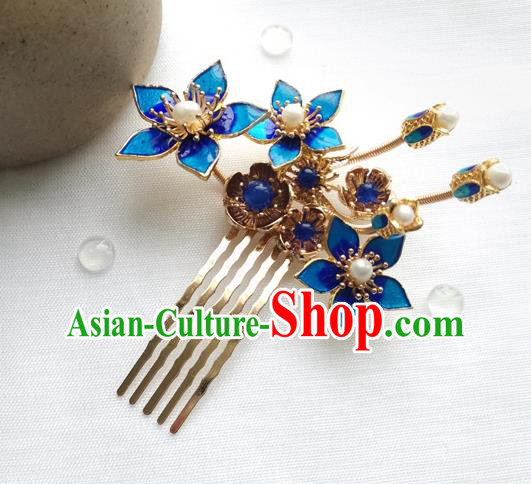 China Ancient Princess Pearls Hairpin Traditional Ming Dynasty Cloisonne Peach Blossom Hair Comb