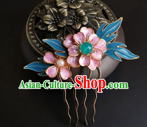 China Ancient Young Lady Hairpin Traditional Ming Dynasty Cloisonne Pink Peony Hair Comb