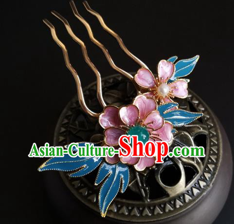 China Ancient Young Lady Hairpin Traditional Ming Dynasty Cloisonne Pink Peony Hair Comb
