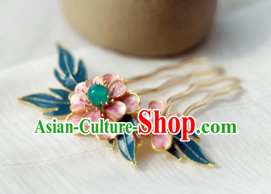 China Ancient Young Lady Hairpin Traditional Ming Dynasty Cloisonne Pink Peony Hair Comb