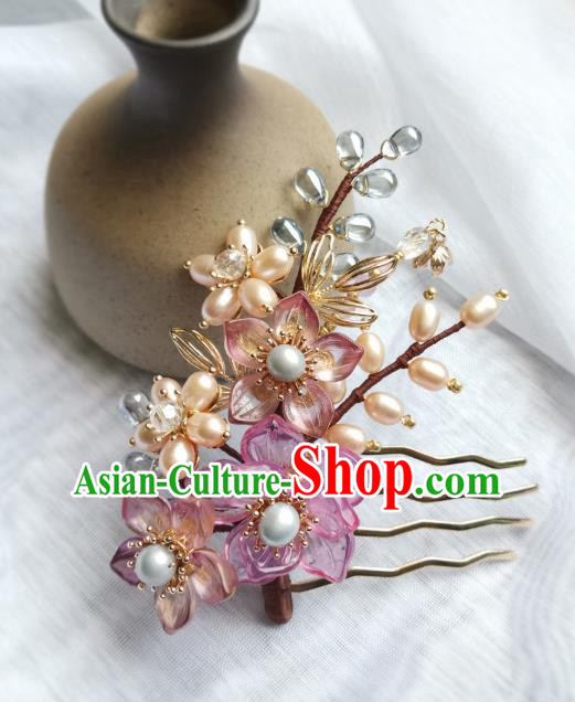 China Ancient Princess Pearls Hairpin Traditional Song Dynasty Purple Sakura Hair Comb