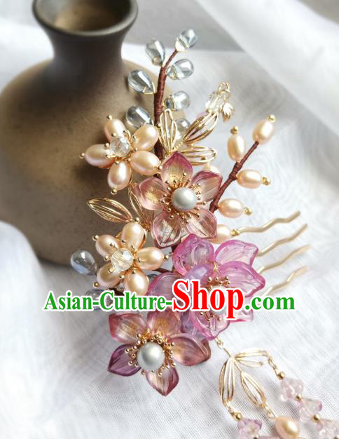 China Ancient Princess Pearls Hairpin Traditional Song Dynasty Purple Sakura Hair Comb