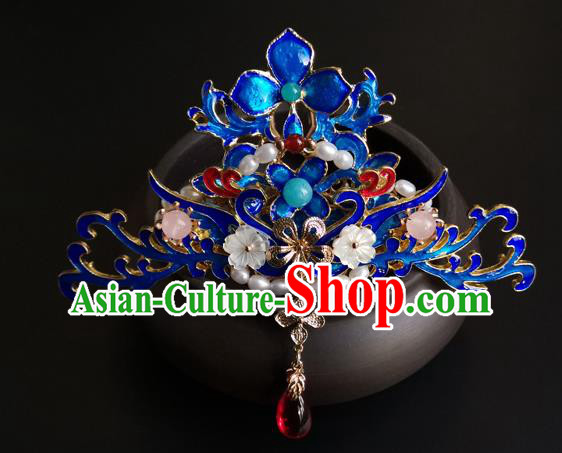 China Ancient Court Woman Tassel Hairpin Traditional Ming Dynasty Blueing Hair Crown