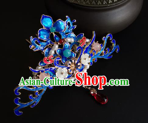 China Ancient Court Woman Tassel Hairpin Traditional Ming Dynasty Blueing Hair Crown