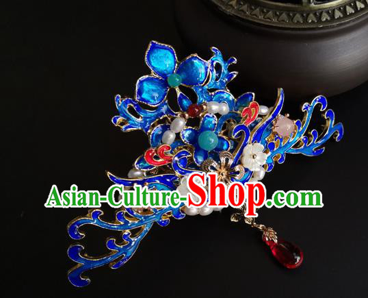 China Ancient Court Woman Tassel Hairpin Traditional Ming Dynasty Blueing Hair Crown