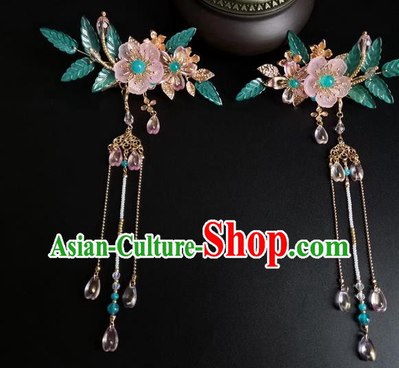 China Ancient Princess Pink Plum Hairpin Traditional Ming Dynasty Beads Tassel Hair Claw
