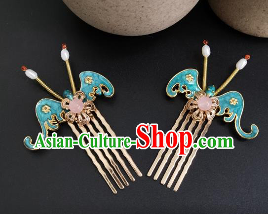 China Ancient Court Maid Hairpin Traditional Ming Dynasty Palace Blue Bat Hair Combs