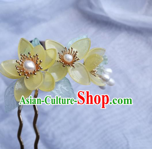 China Ancient Princess Yellow Lotus Hairpin Traditional Song Dynasty Pearls Hair Stick