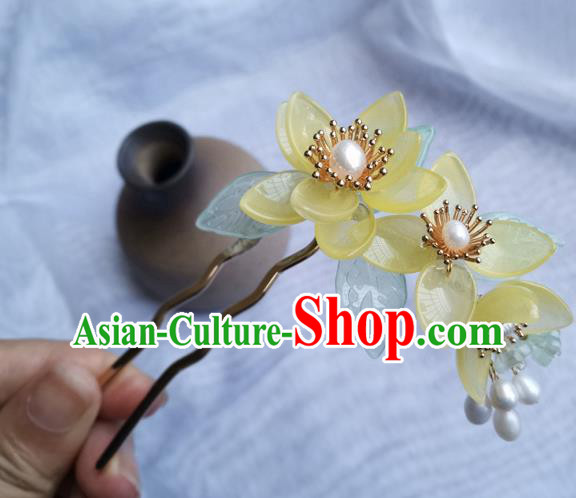China Ancient Princess Yellow Lotus Hairpin Traditional Song Dynasty Pearls Hair Stick
