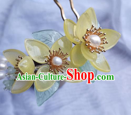 China Ancient Princess Yellow Lotus Hairpin Traditional Song Dynasty Pearls Hair Stick
