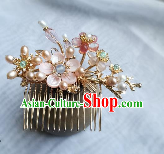 China Ancient Princess Pink Shell Plum Hairpin Traditional Song Dynasty Pearls Hair Comb
