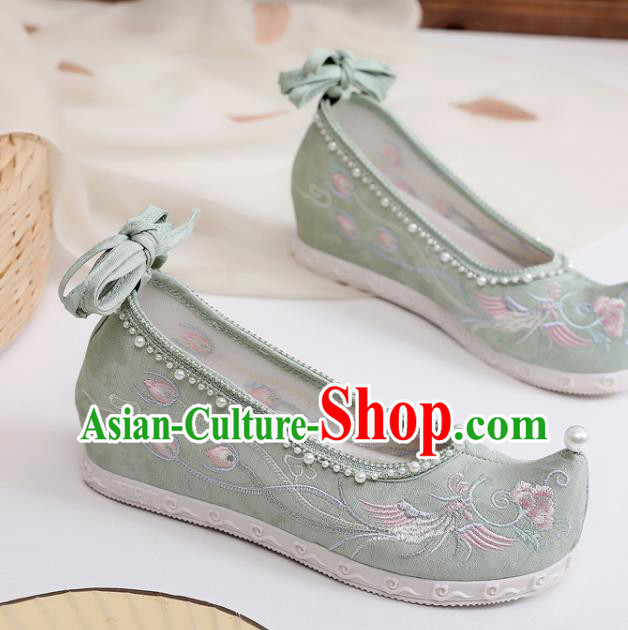 China Traditional Pearls Hanfu Shoes Embroidered Phoenix Shoes Handmade National Green Cloth Shoes