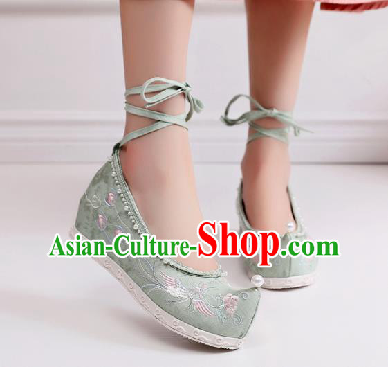 China Traditional Pearls Hanfu Shoes Embroidered Phoenix Shoes Handmade National Green Cloth Shoes