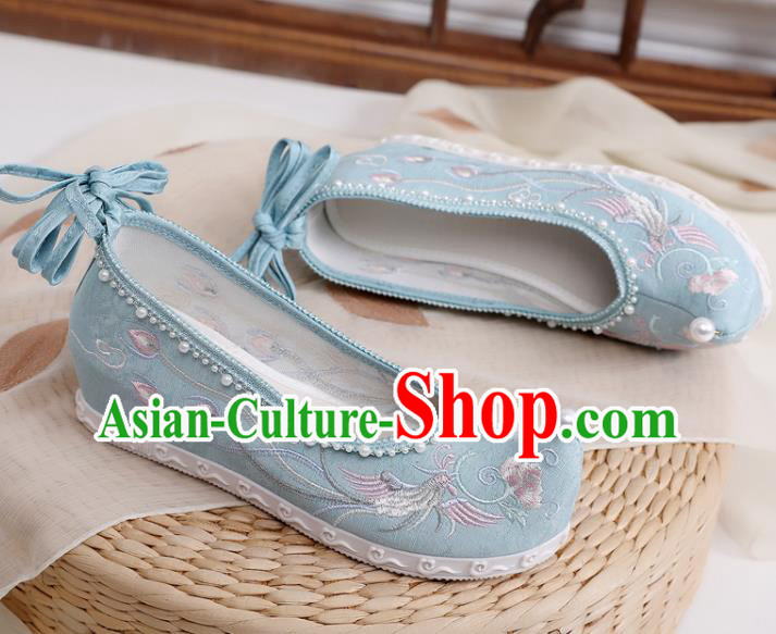 China Handmade National Light Blue Cloth Shoes Traditional Ming Dynasty Hanfu Shoes Embroidered Phoenix Pearls Shoes