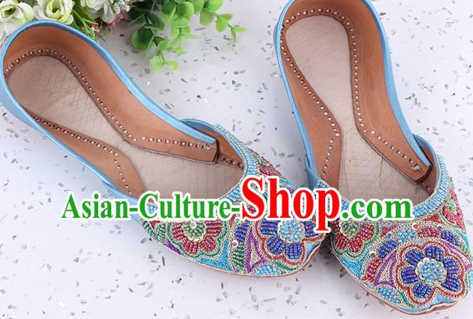 Indian Folk Dance Shoes Handmade Embroidery Beads Flowers Shoes Asian Traditional Court Blue Leather Shoes