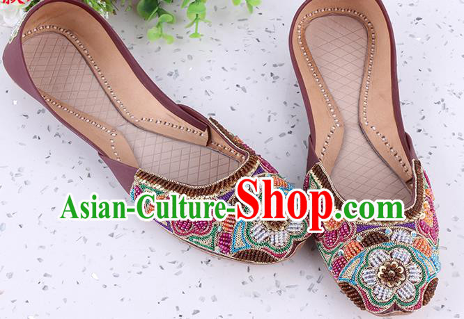 Asian Handmade Embroidery Beads Wine Red Shoes Traditional Court Leather Shoes Indian Folk Dance Shoes