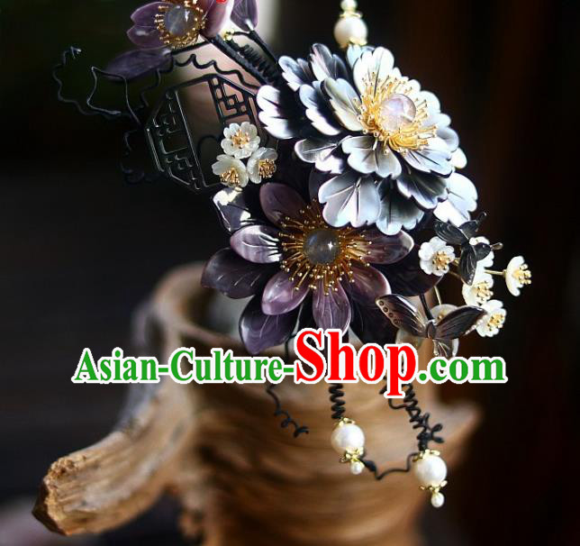 Chinese Ancient Princess Shell Peony Hairpin Traditional Ming Dynasty Court Butterfly Flowers Hair Stick