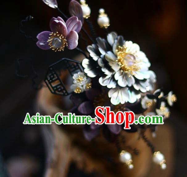 Chinese Ancient Princess Shell Peony Hairpin Traditional Ming Dynasty Court Butterfly Flowers Hair Stick