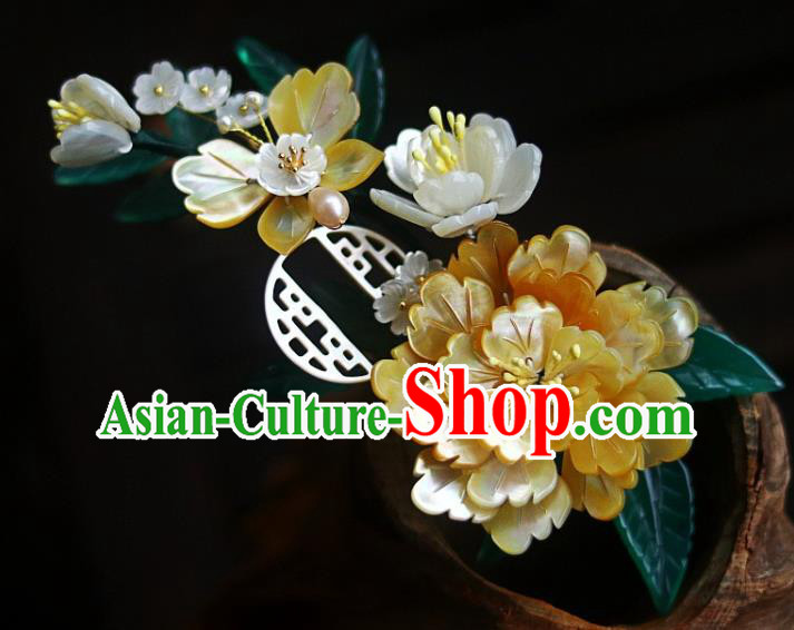 Chinese Ancient Palace Lady Hairpin Traditional Ming Dynasty Court Yellow Shell Peony Hair Stick