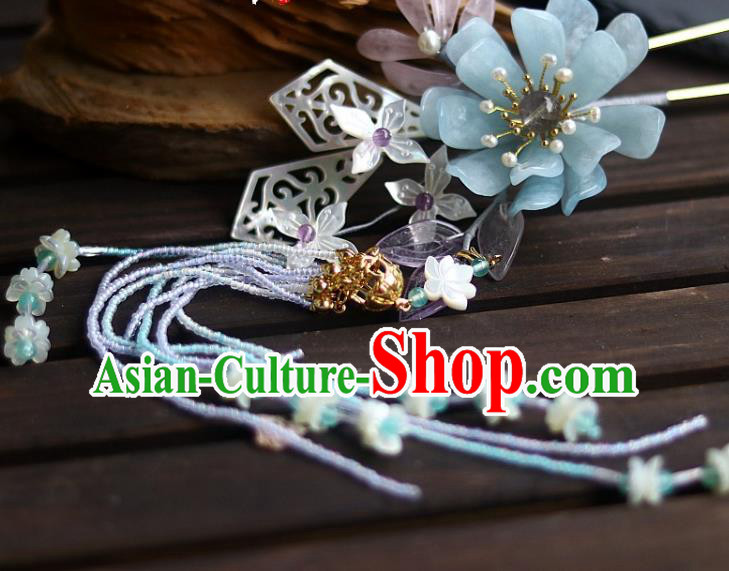 Chinese Ancient Noble Woman Aquamarine Lotus Hairpin Traditional Song Dynasty Court Beads Tassel Hair Stick