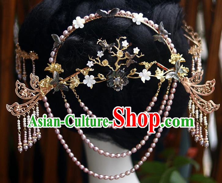 Chinese Ancient Empress Back Hairpin Traditional Ming Dynasty Court Woman Pearls Tassel Hair Crown