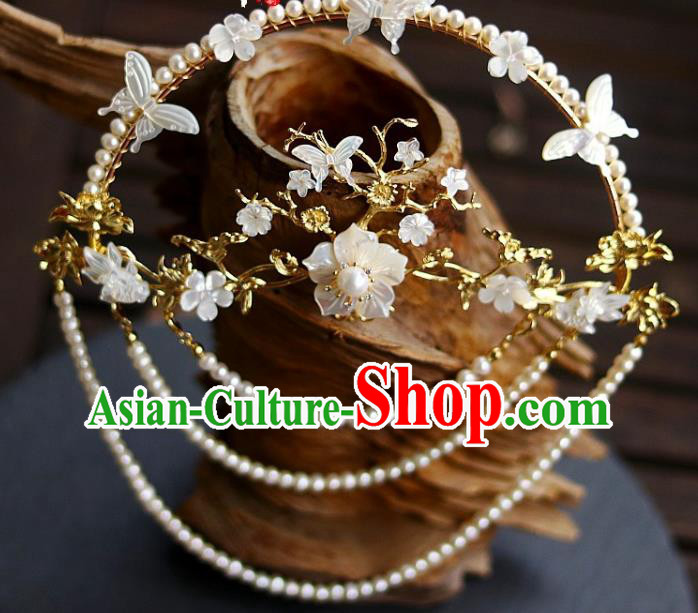 Chinese Ancient Empress White Shell Plum Hairpin Traditional Ming Dynasty Pearls Tassel Back Hair Crown