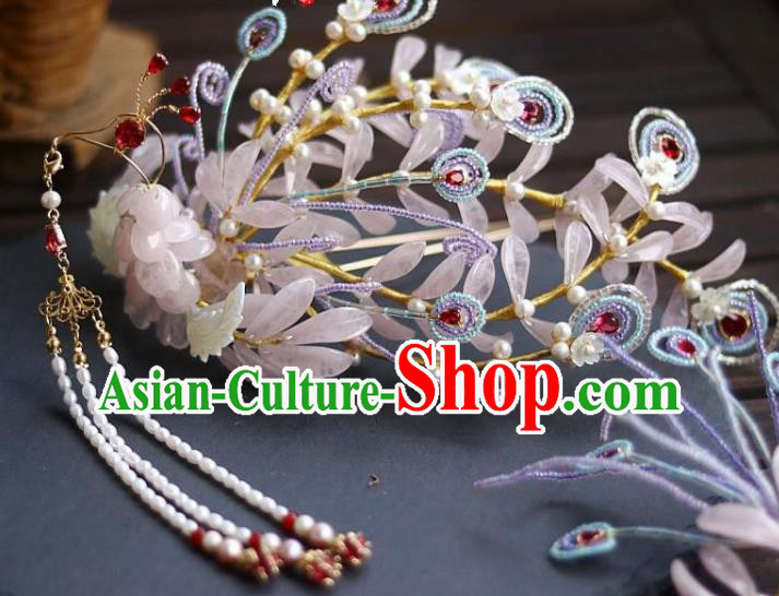 Chinese Ancient Empress Pearls Tassel Hairpin Traditional Ming Dynasty Pink Quartz Phoenix Hair Crown
