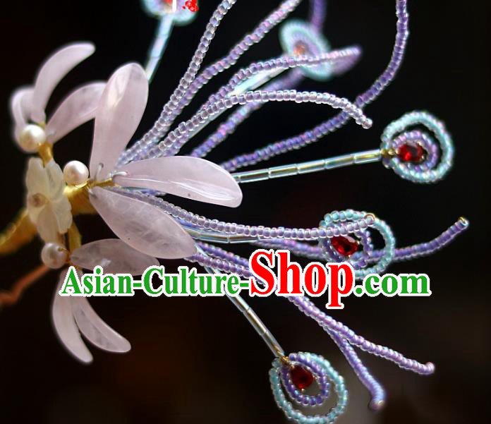 Chinese Ancient Empress Purple Beads Hairpin Traditional Ming Dynasty Pink Quartz Orchids Hair Stick