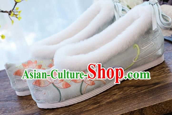 China National Embroidered Lotus Shoes Traditional Light Blue Satin Shoes Handmade Ming Dynasty Winter Bow Shoes