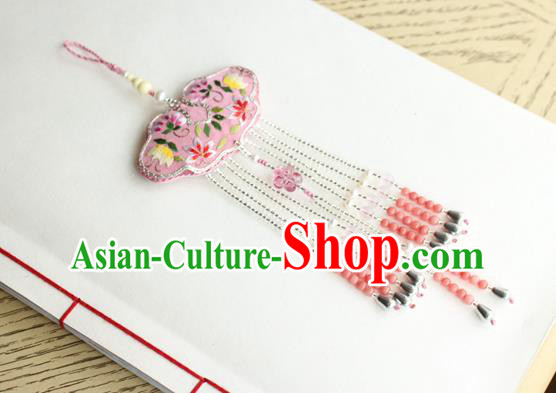 Chinese National Beads Tassel Pendant Classical Qipao Dress Embroidered Pink Sachet Brooch