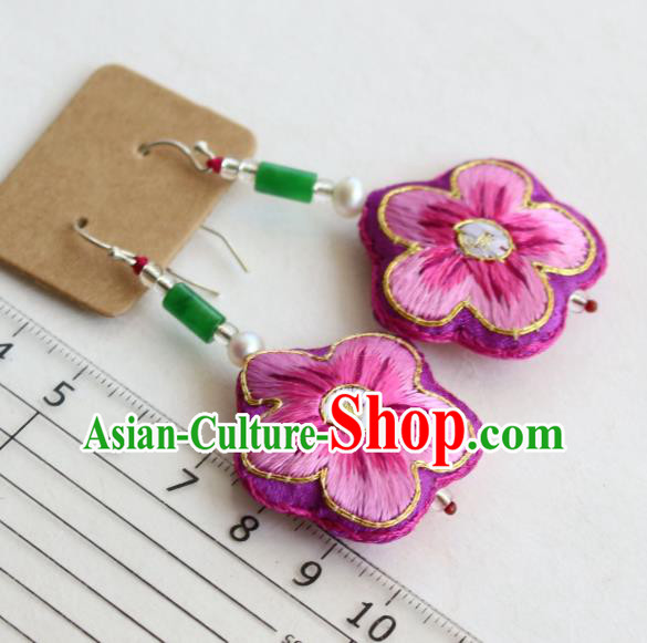 China Classical Cheongsam Pearl Ear Jewelry Handmade National Embroidered Rosy Plum Earrings