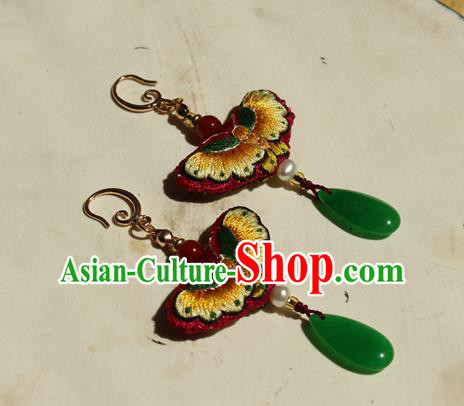 China Classical Cheongsam Embroidered Butterfly Ear Jewelry Handmade National Pearl Jade Earrings