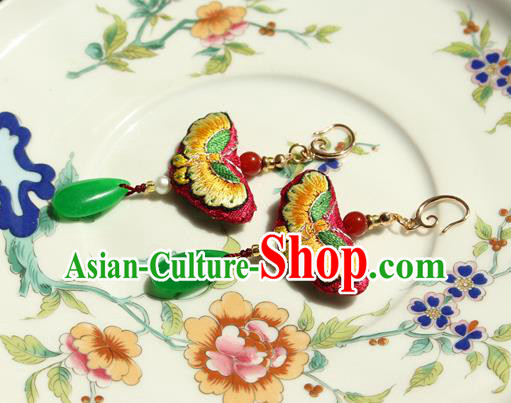 China Classical Cheongsam Embroidered Butterfly Ear Jewelry Handmade National Pearl Jade Earrings